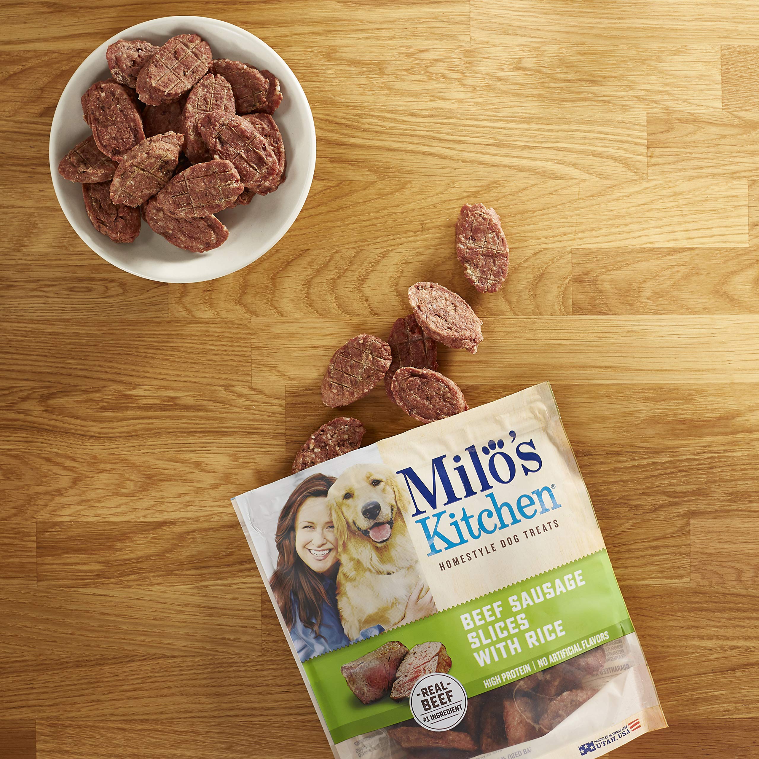 Milo's Kitchen ingredients label close-up, real beef and rice