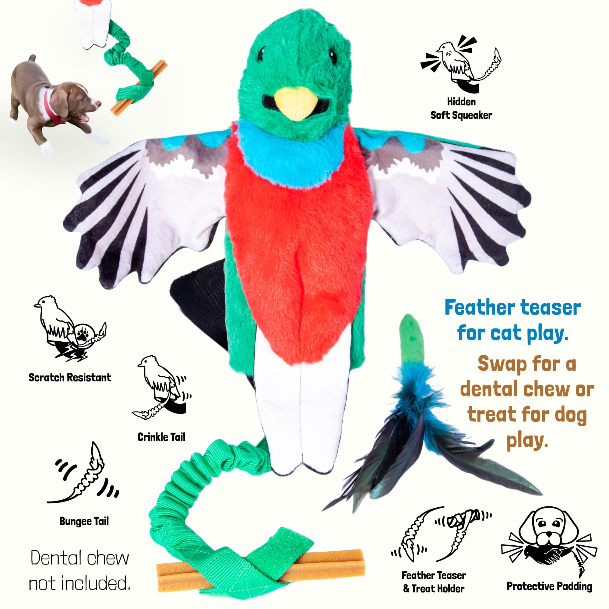 Hidden squeaker and crinkly tail stimulate curiosity during games.