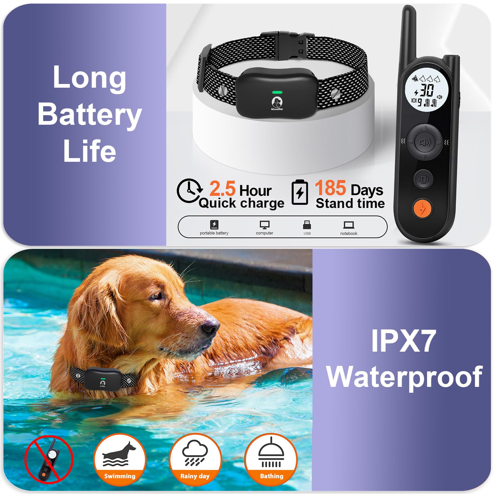 MIMOFPET collar with long battery life and IPX7 waterproof protection