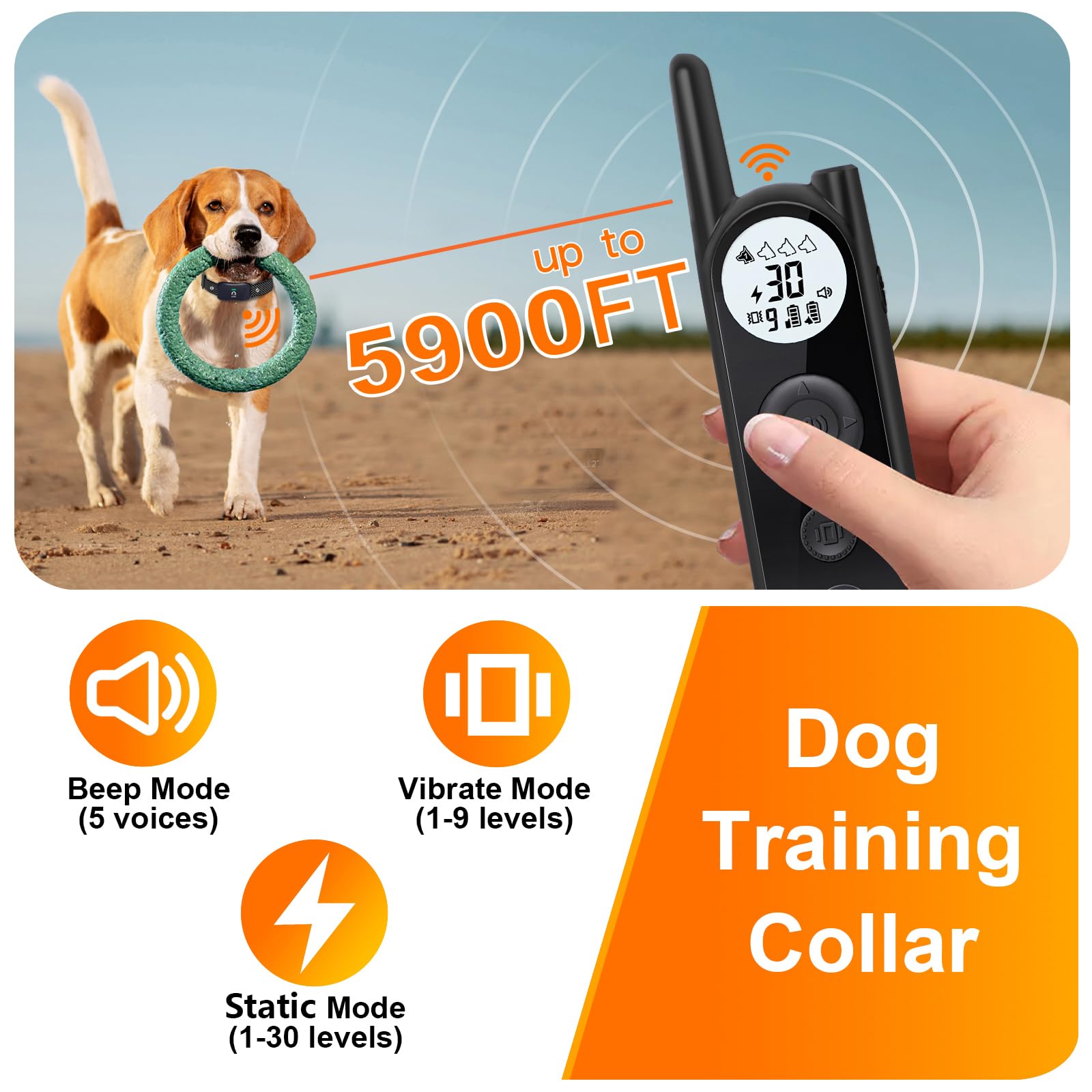 MIMOFPET training collar with beep, vibrate, static modes for pet behavior guidance.