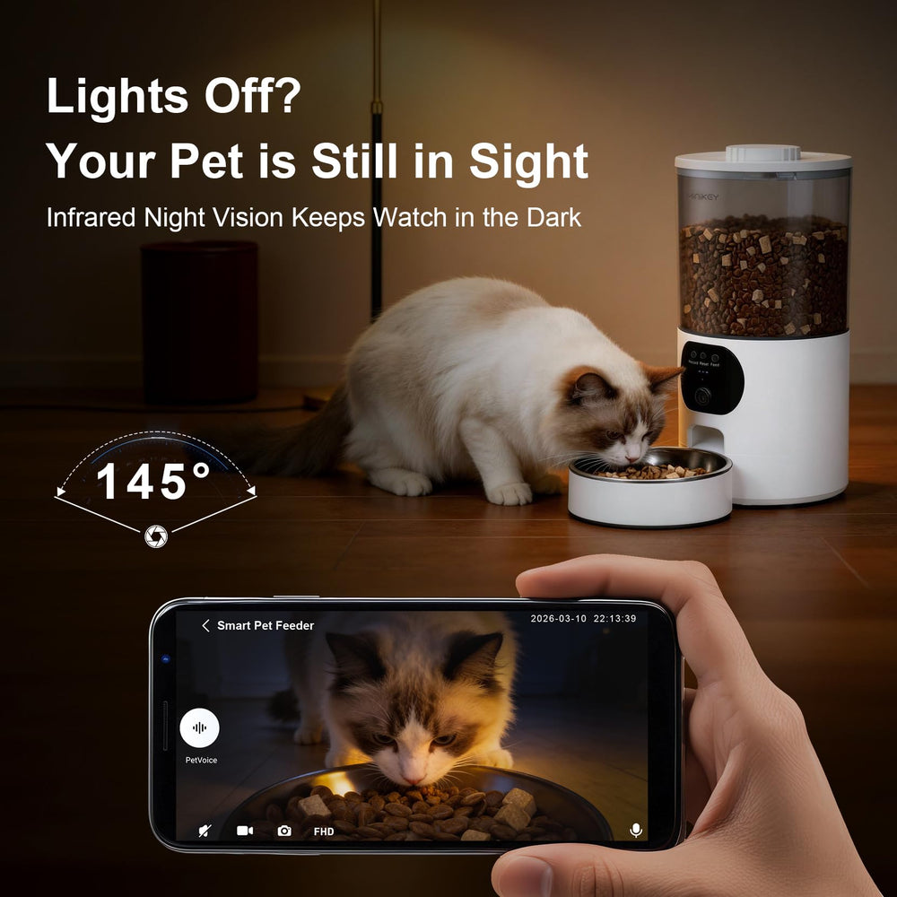 Minikey night vision view shows pet feeding area in low light