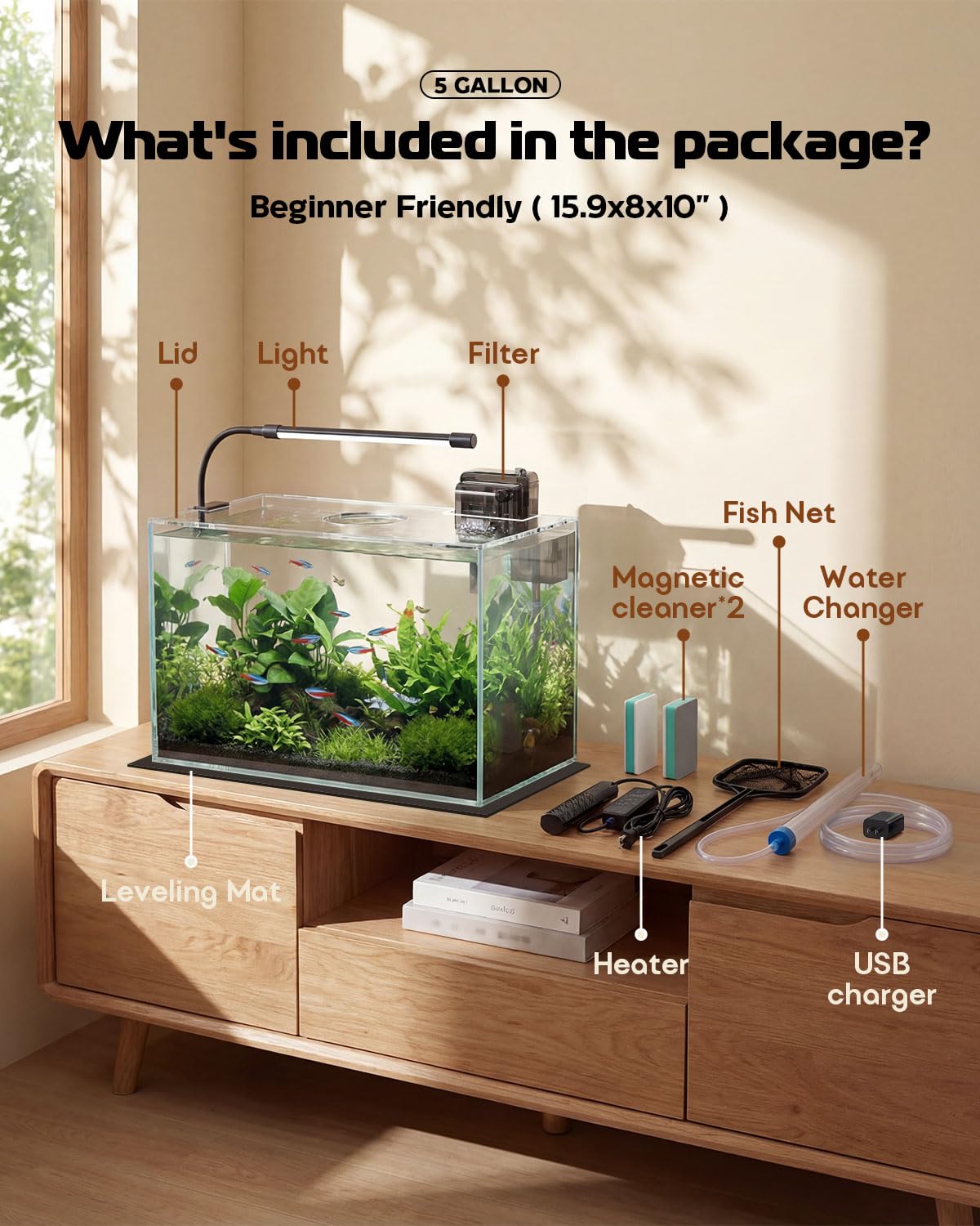 Minilake 5 gallon design supports space to swim and stable conditions.