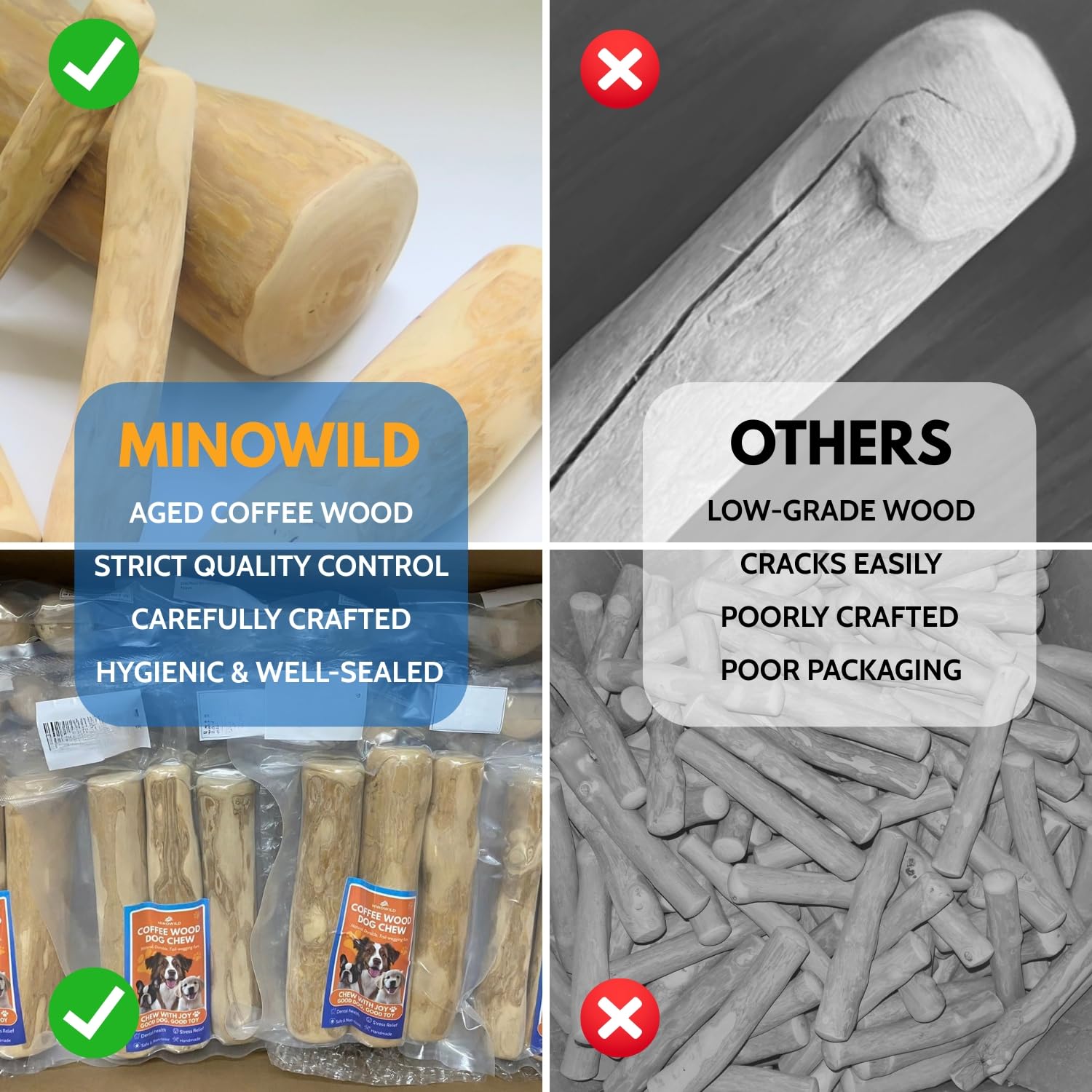 MINOWILD coffee wood chew stick 3-pack, great value for multi-dog homes.