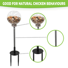 MinrzPet dispenser attached to ground stake for stable coop enrichment.