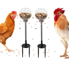 MinrzPet chicken treat dispenser with spring-assembly promotes foraging activity.