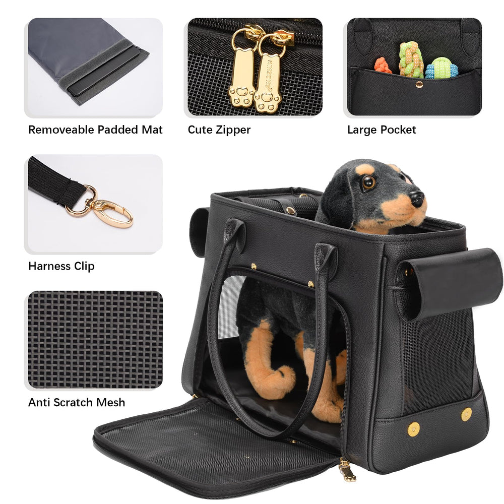 Minsong carrier purse pocket detail emphasizes storage for treats and toys