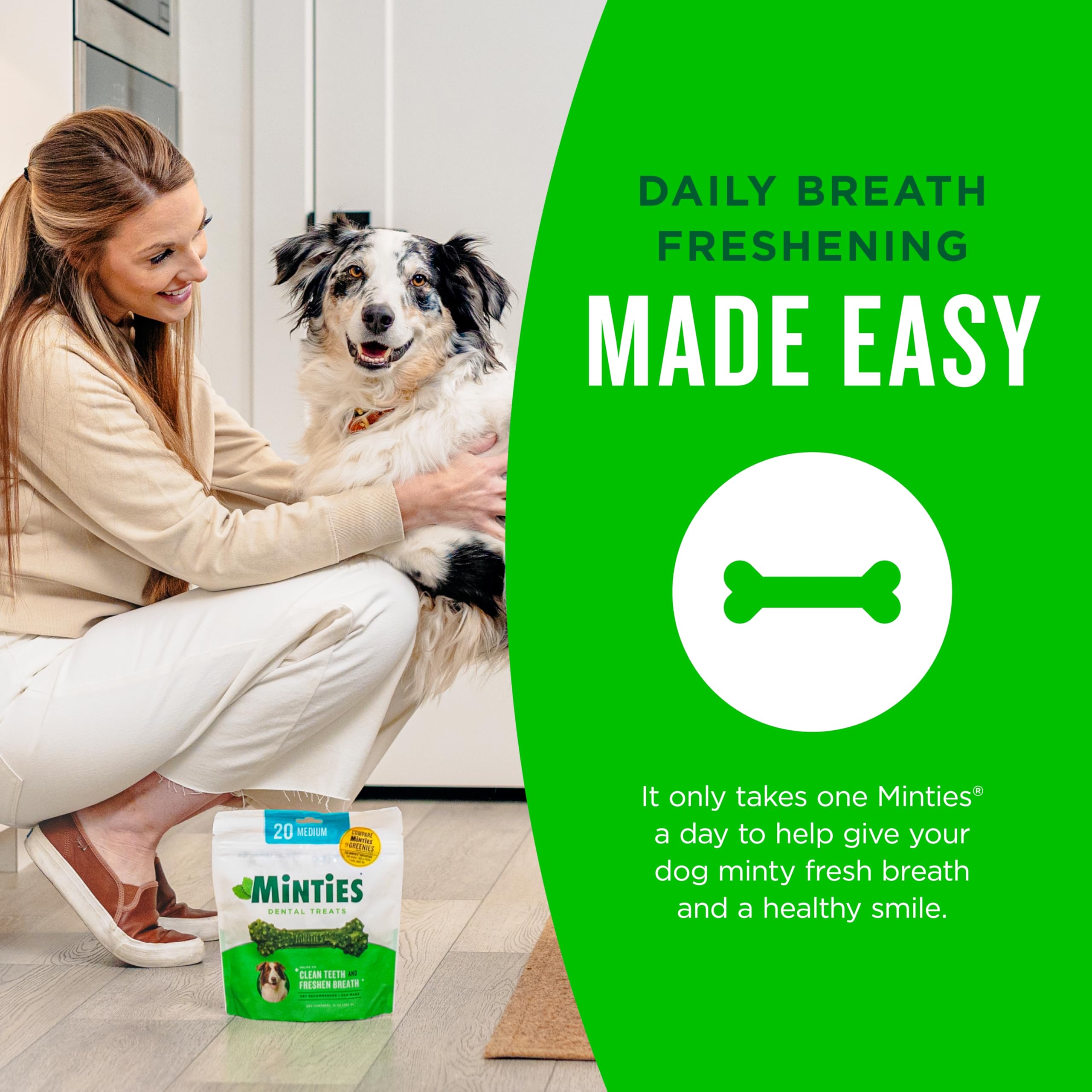 Dog enjoying Minties chews contributing to fresh breath routine