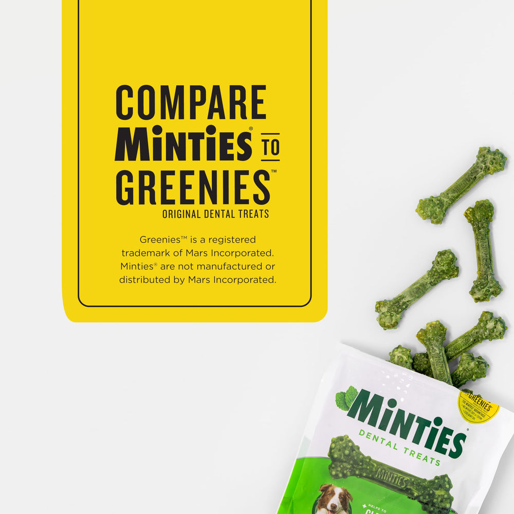 Close-up of teeth with Minties chew surface designed for cleaning action