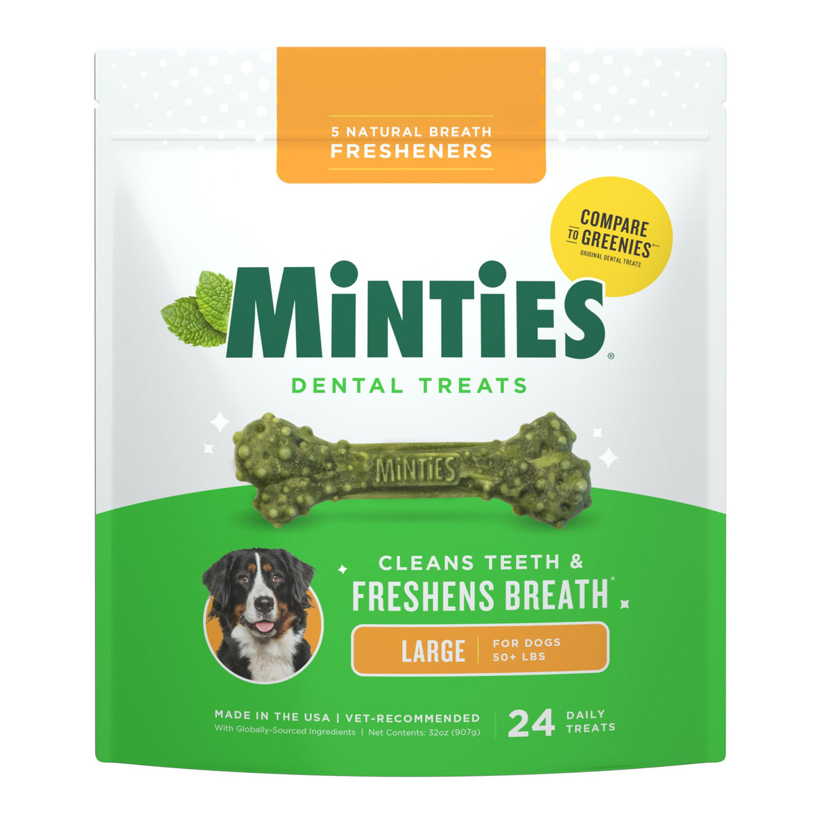 Minties dental chews for large dogs over 50 lbs, 24-bone pack supports fresh breath.