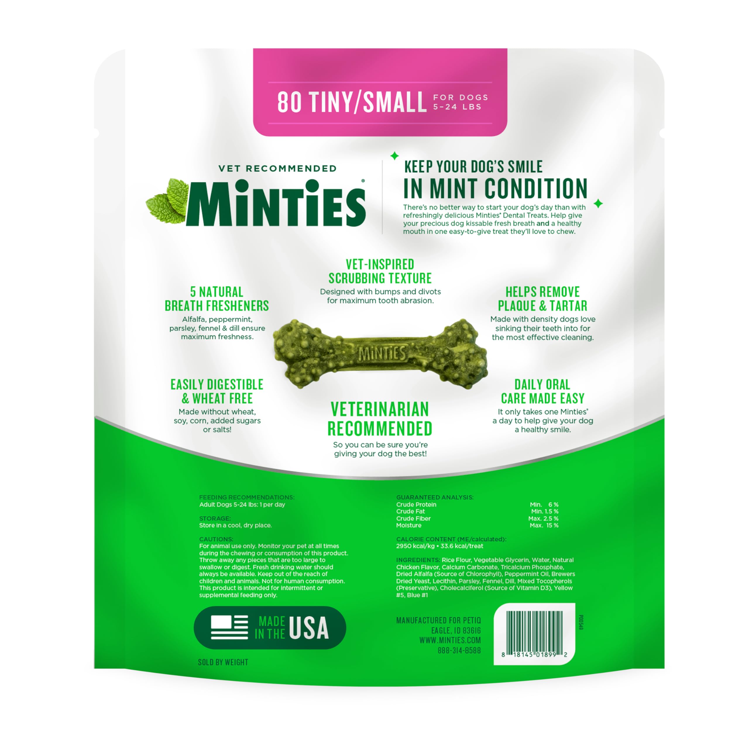 Minties dental bone chew helps freshen breath between meals.