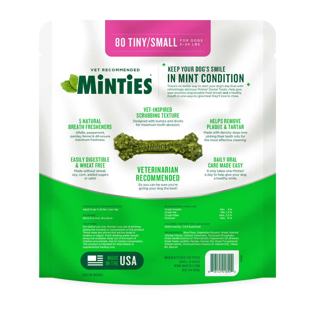Minties dental bone chew helps freshen breath between meals.