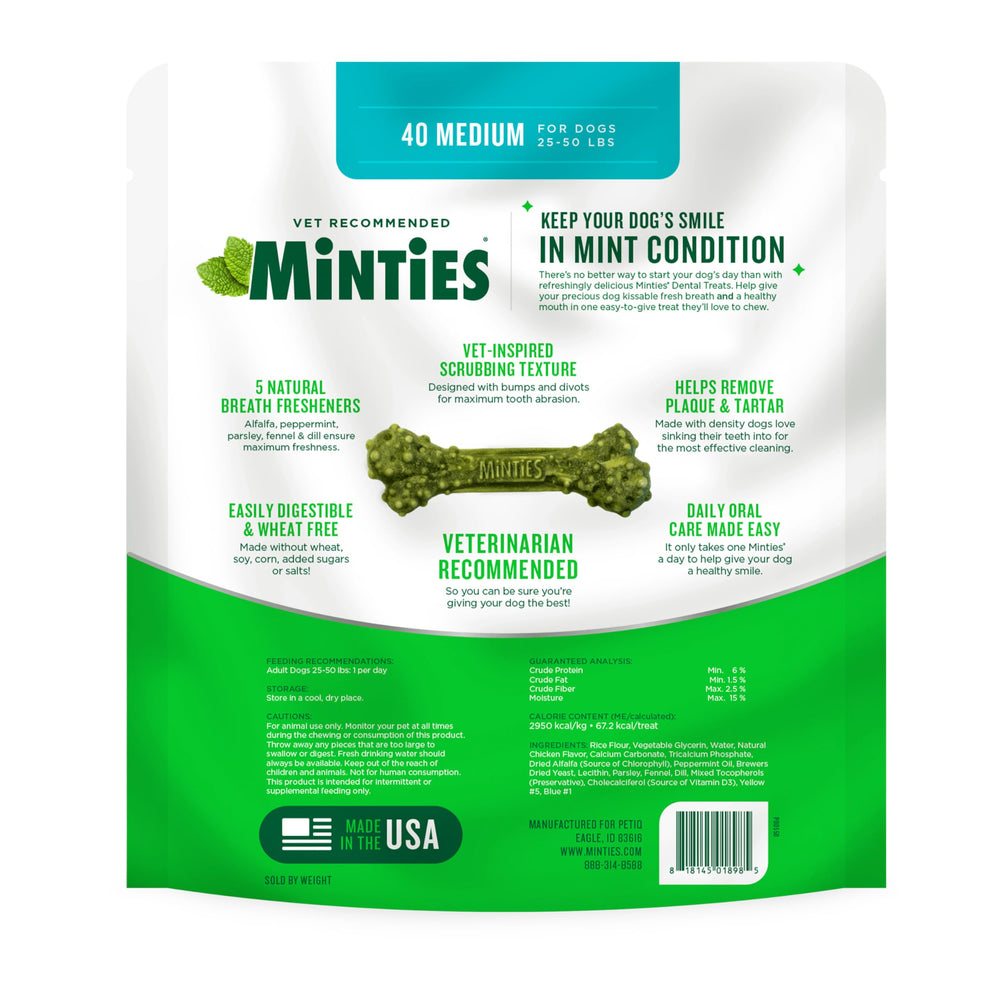 Minties dental treats hero image highlights flavor and oral health support.