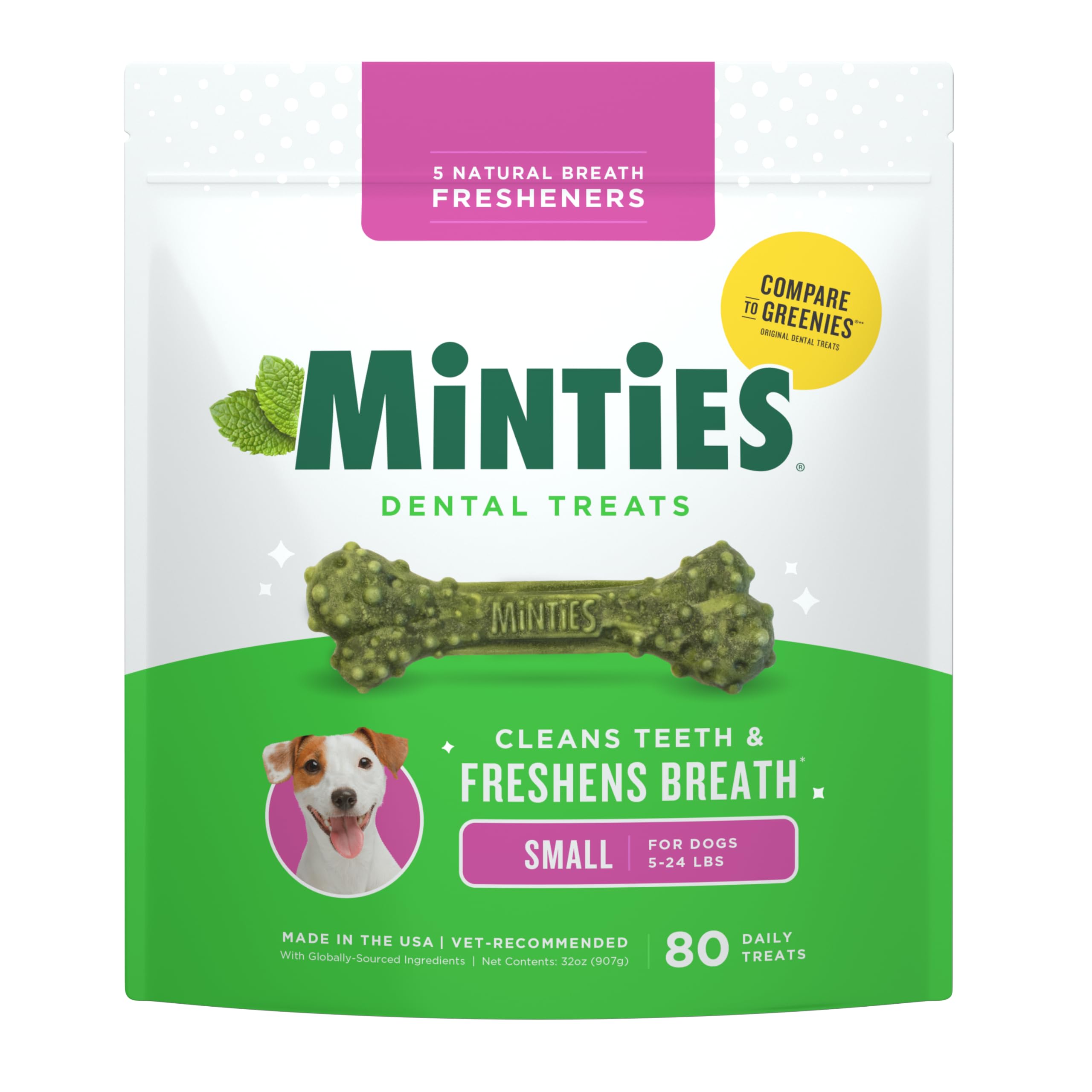 Minties dog dental bone treats for tiny dogs promote fresh breath and clean teeth.