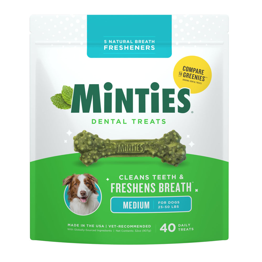 Minties packaging shows a 40-count bag for medium and large dogs, supporting dental care.