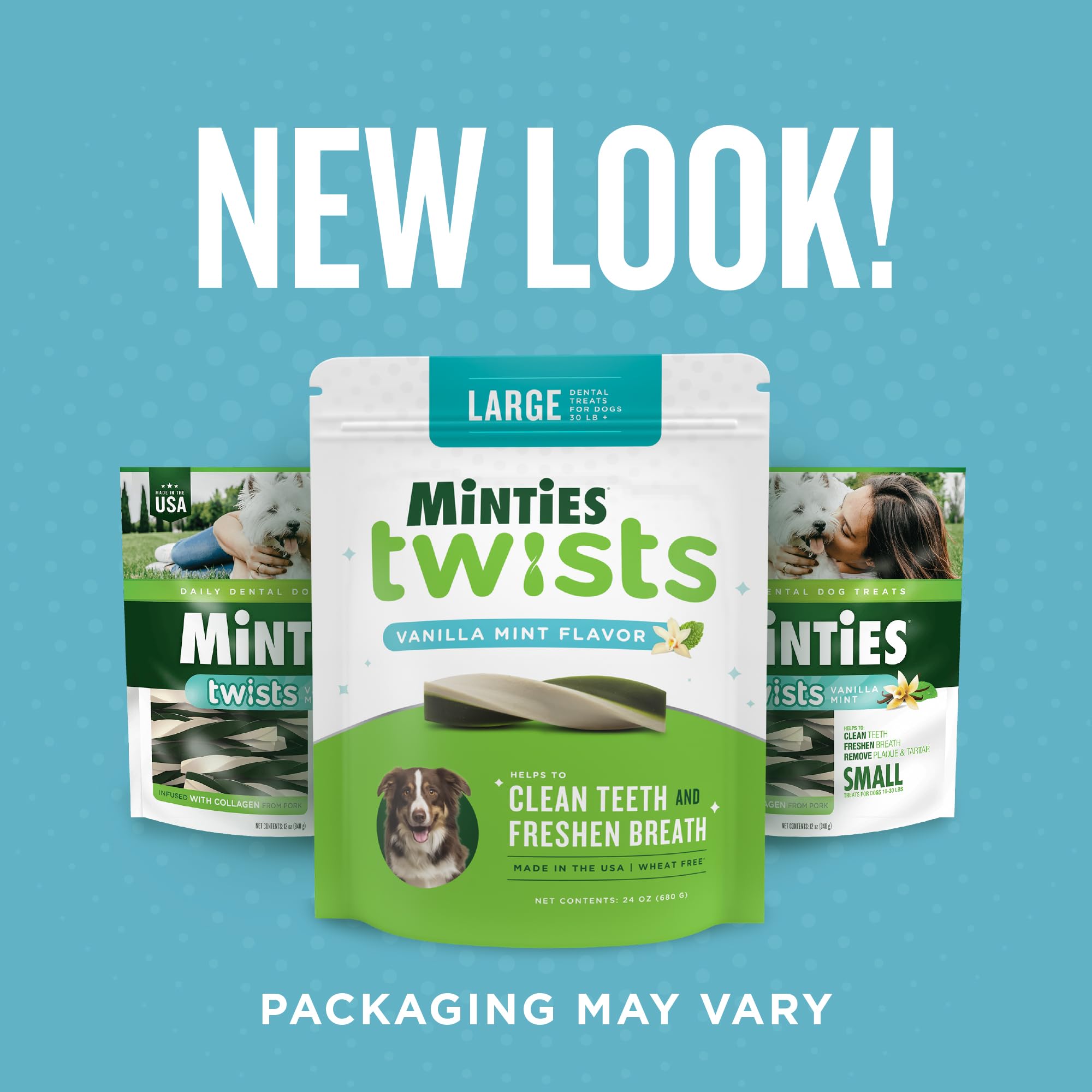 Minties Twists peppermint-vanilla flavor chews for daily breath-freshening rewards.