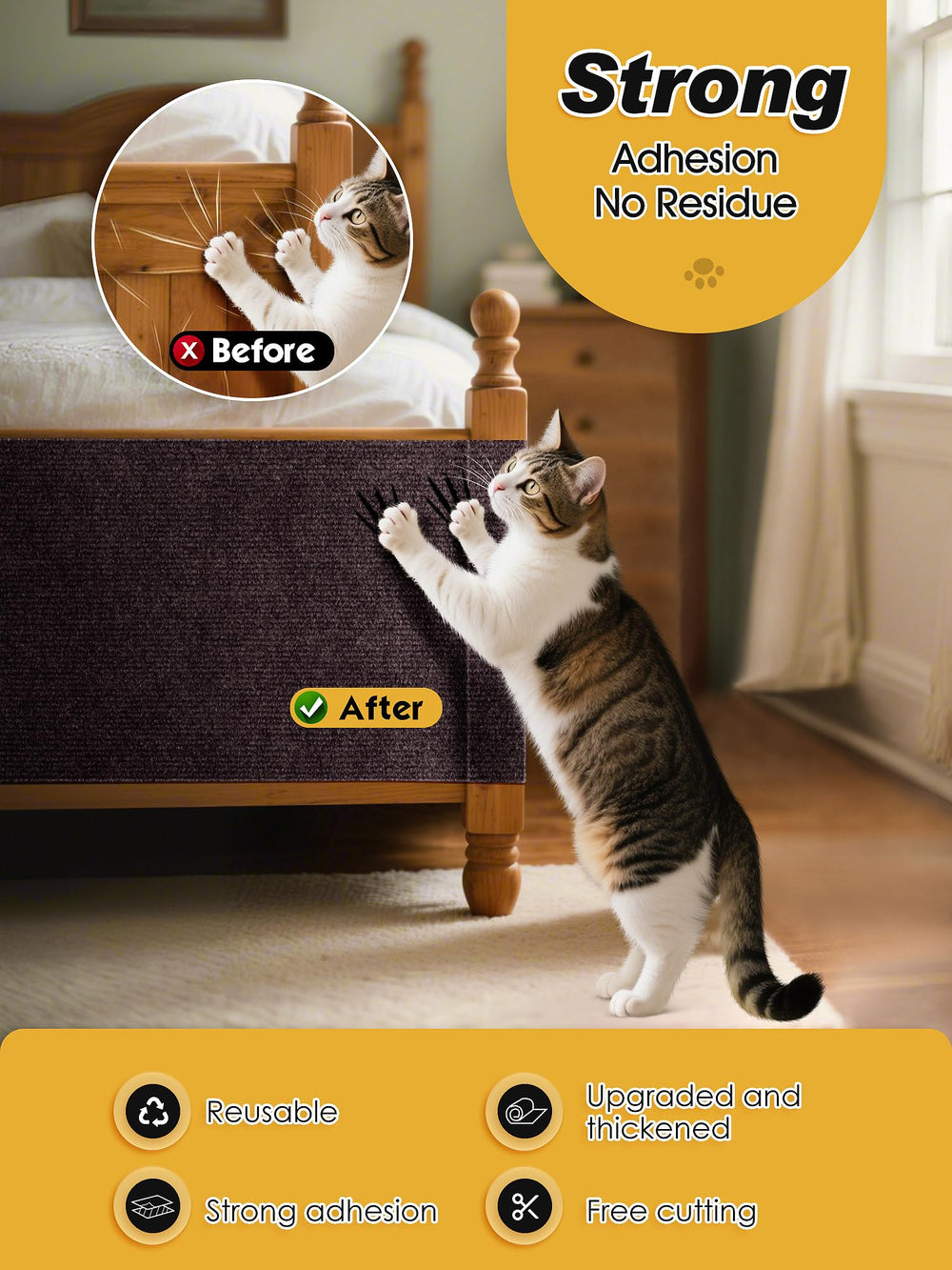 Minyii cat scratch mat features peel-and-stick backing for easy attachment