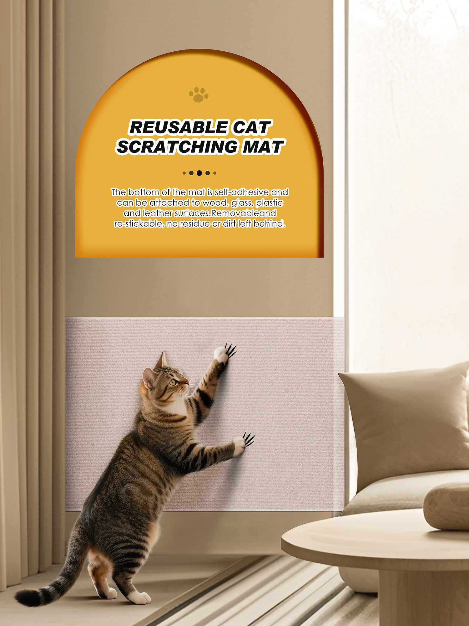 Minyii cat scratch mat in soft beige color blends with decor.