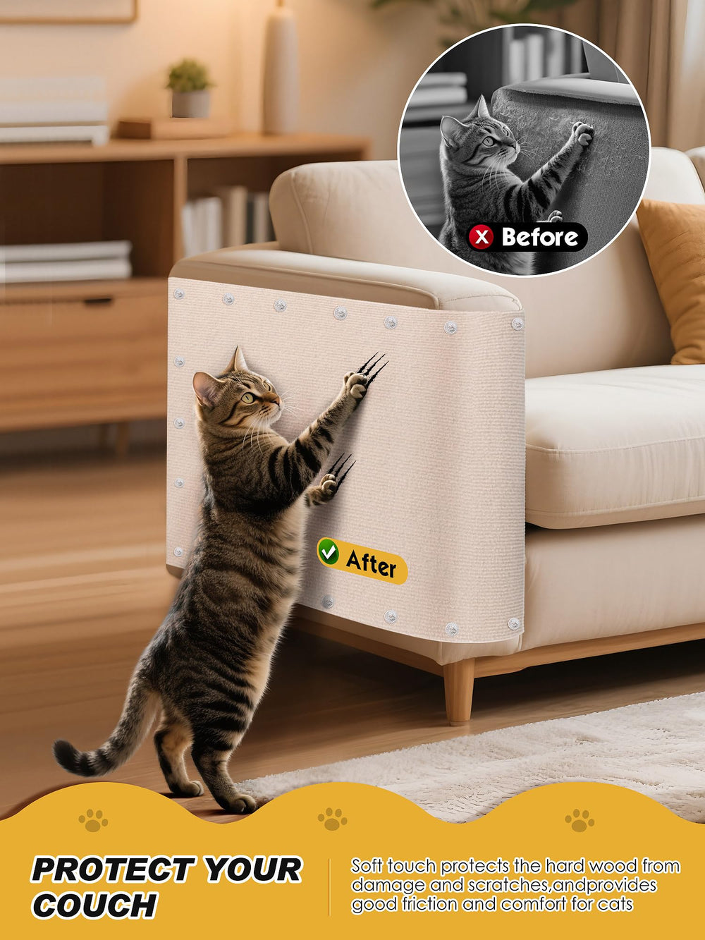Minyii cat scratch mat trimmed to fit around furniture edges.