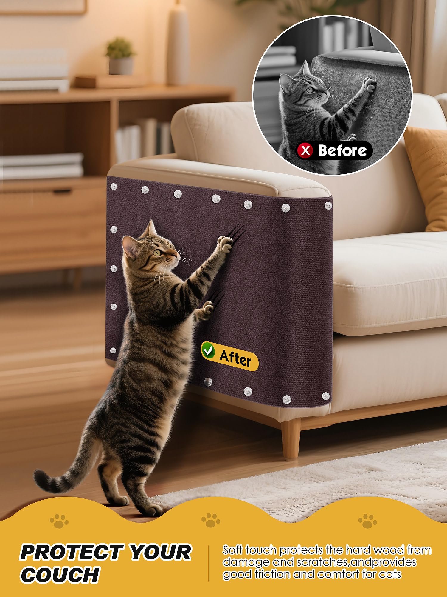 Minyii cat scratch mat shown trimmed to fit around furniture edges