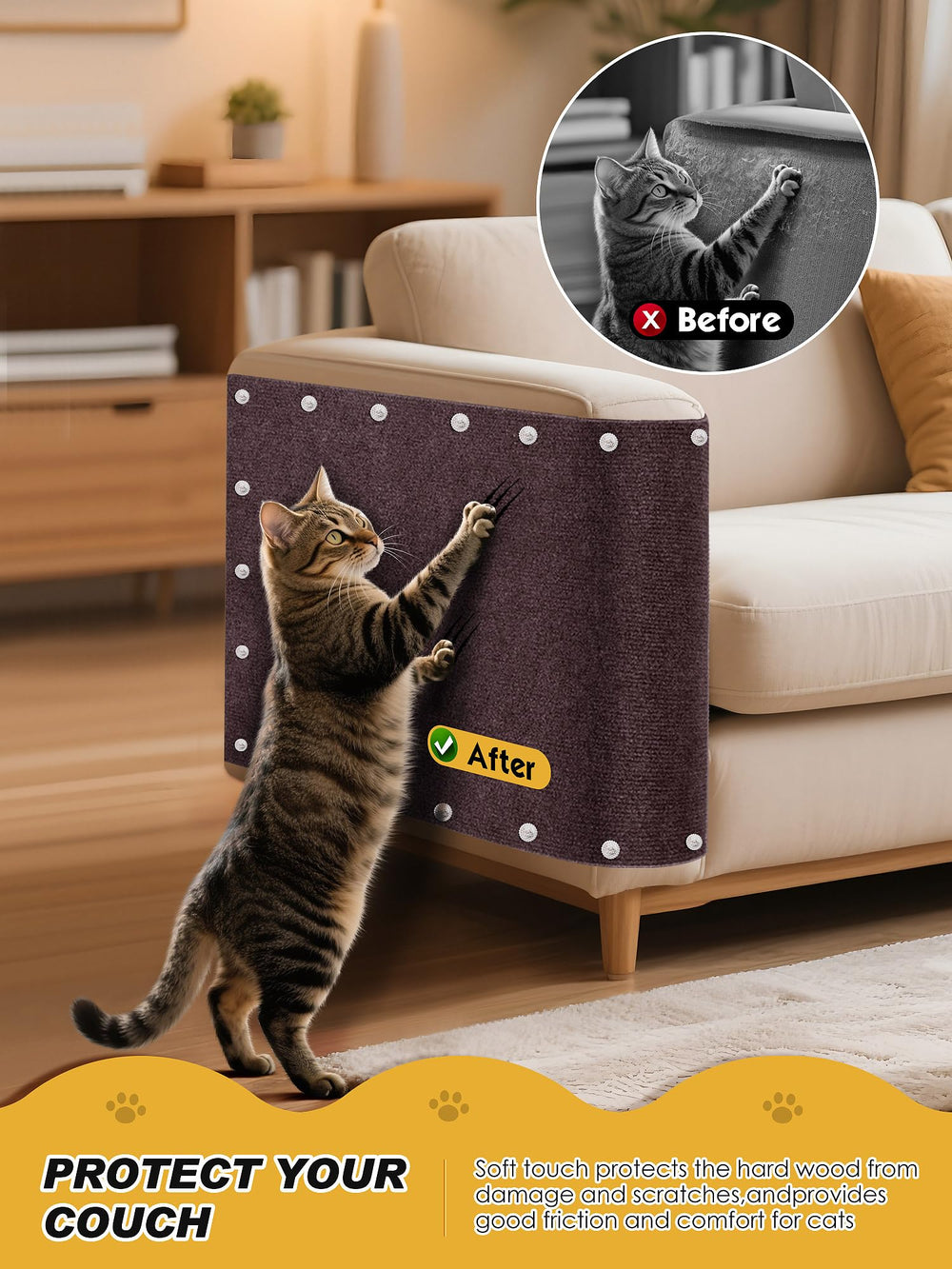 Minyii cat scratch mat shown trimmed to fit around furniture edges