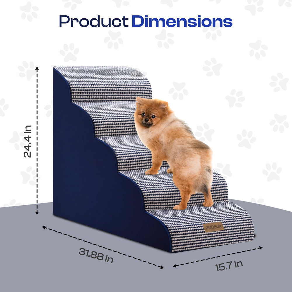 Stairs are used on a couch for small to medium dogs.
