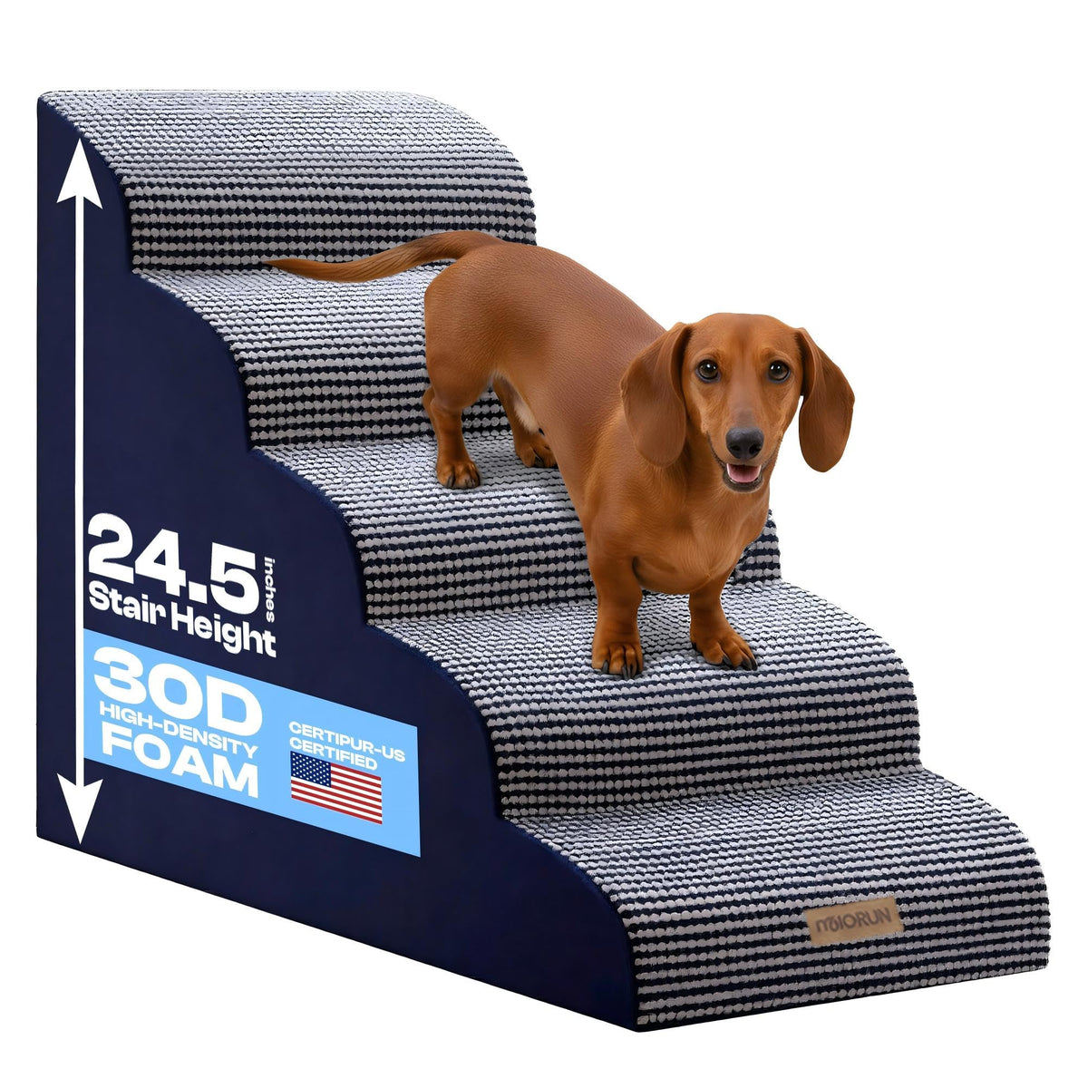 Miorun curved dog stairs on a high bed help small dogs reach the mattress safely.