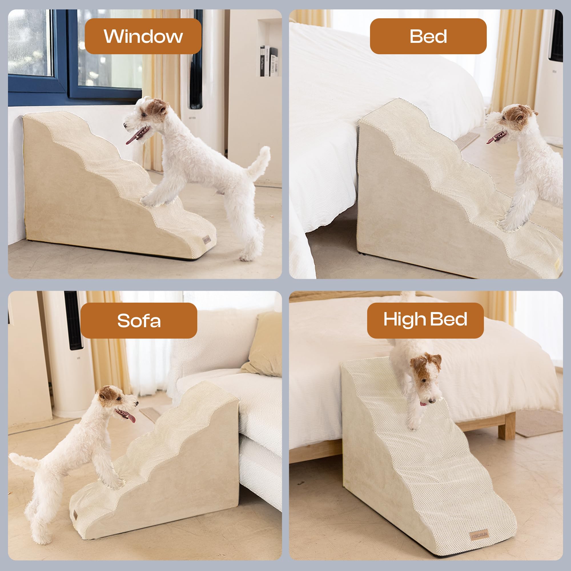 Miorun dog stairs anti-slip base ensures secure footing on wood, tile, or carpet.