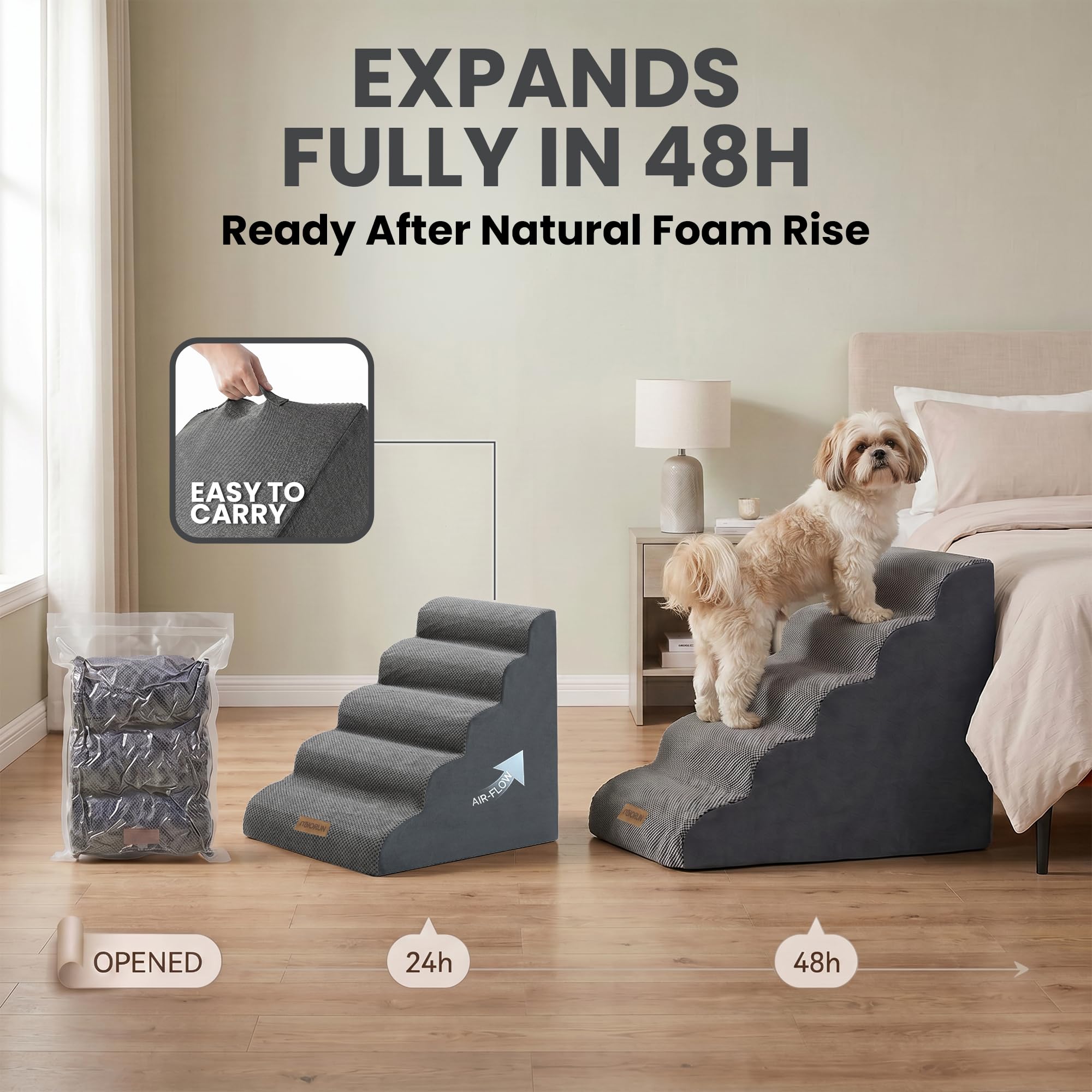Miorun dogs using stairs for easy bed access.