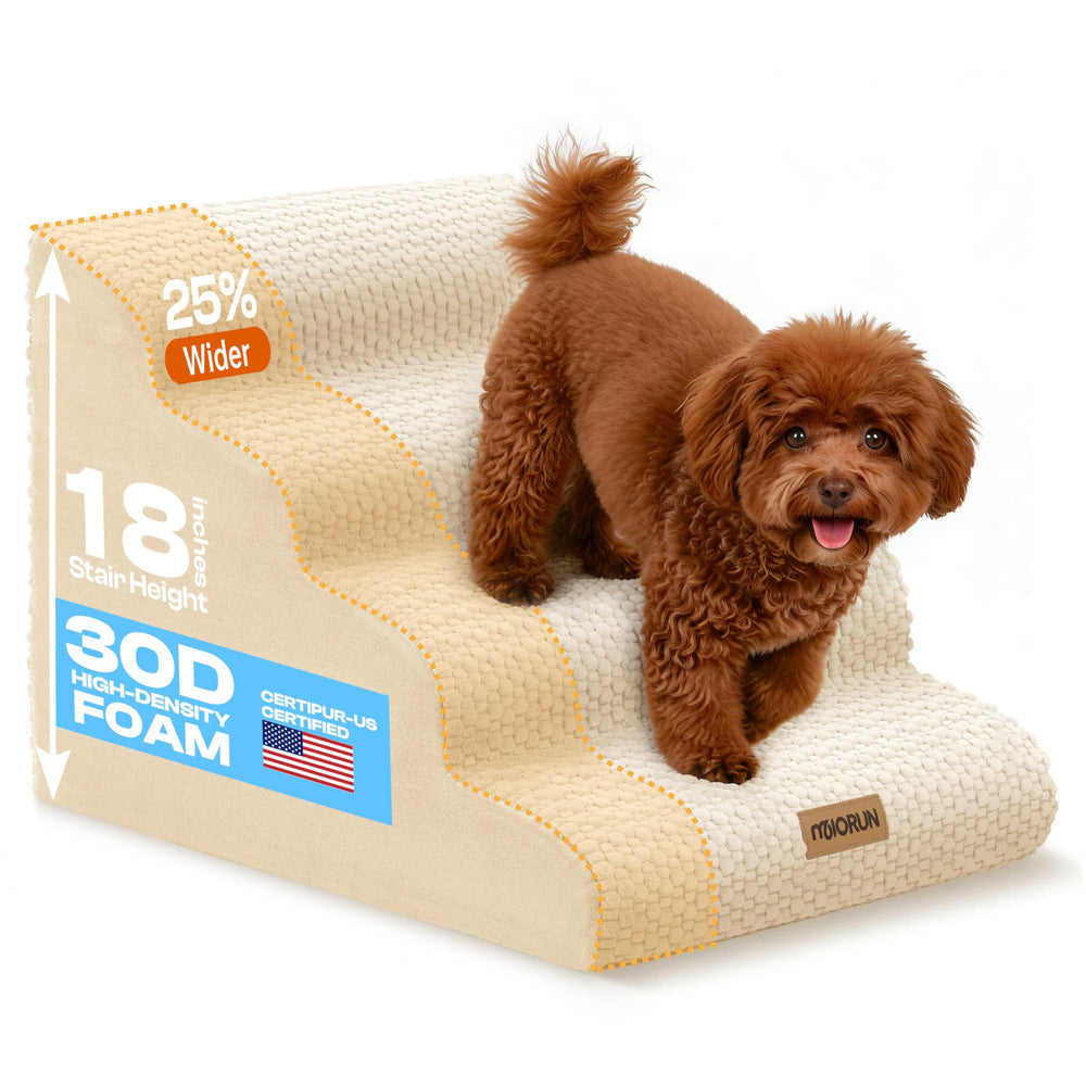 Miorun Extra Wide 4-Step Dog Stairs beige for bed access with stable footing.