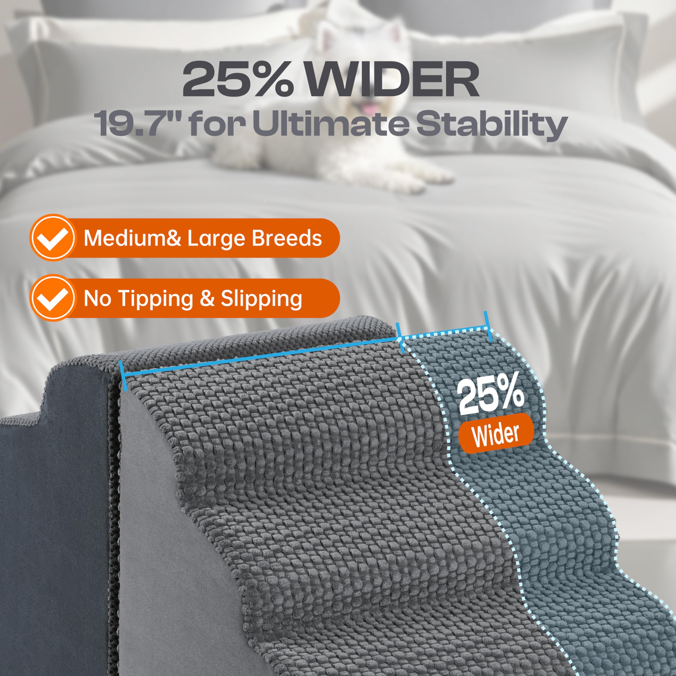 Miorun 4-step stairs wide step provides secure bed access for dogs.
