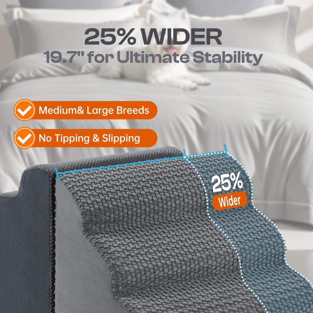 Miorun 4-step stairs wide step provides secure bed access for dogs.