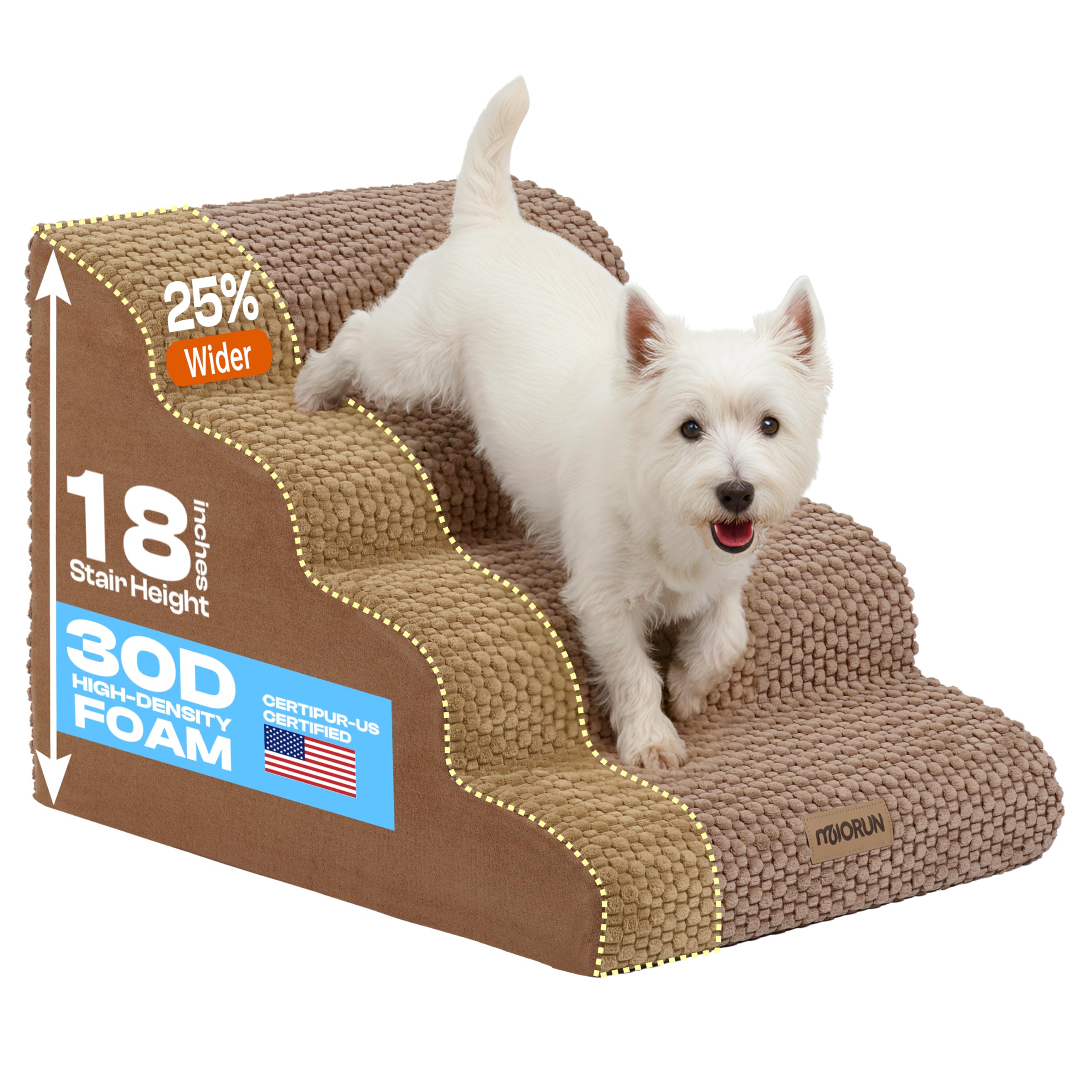 Miorun extra-wide-4-steps dog stairs on bed provide stable access for large dogs.
