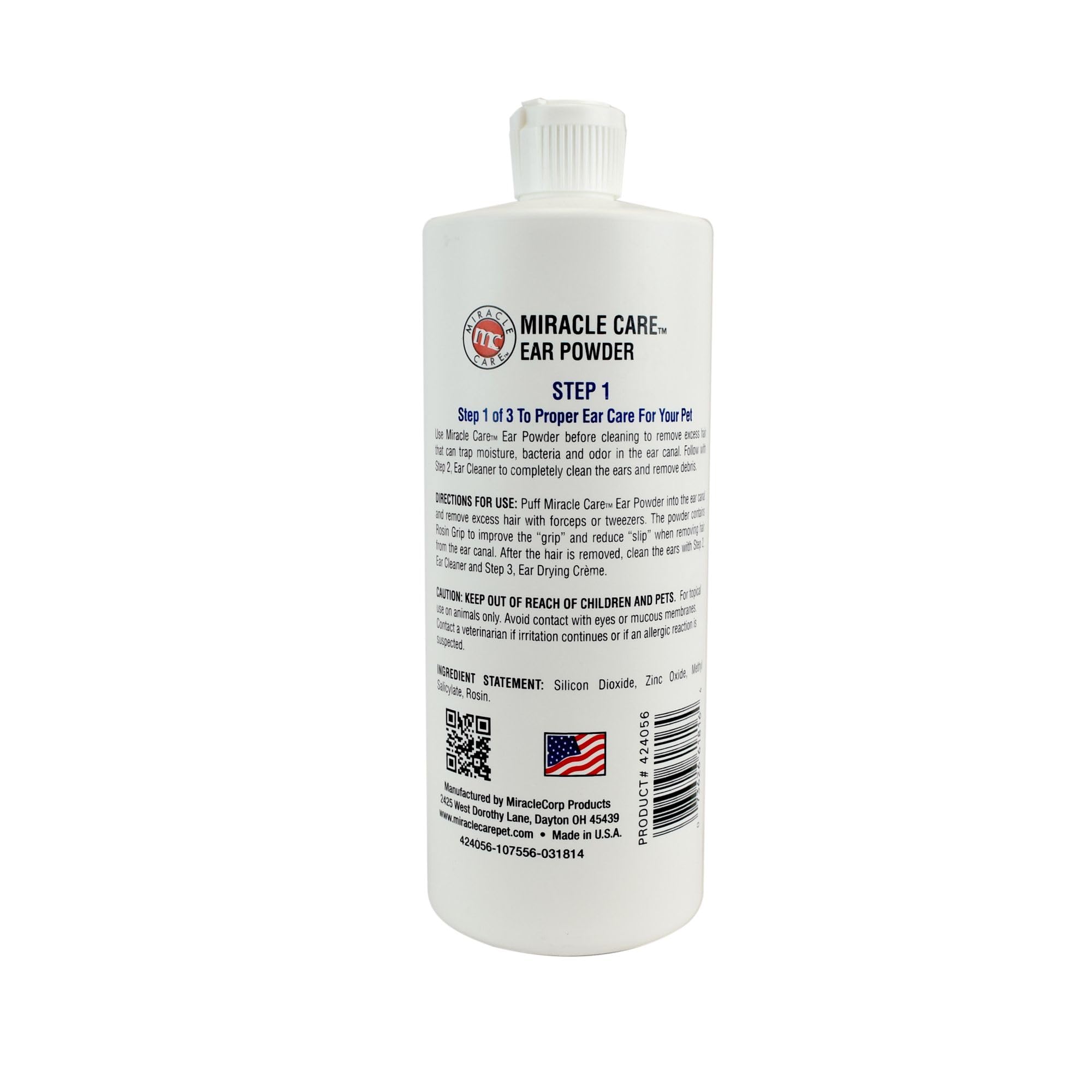 Miracle Care ear powder removes moisture to help dry ears after walks or baths.