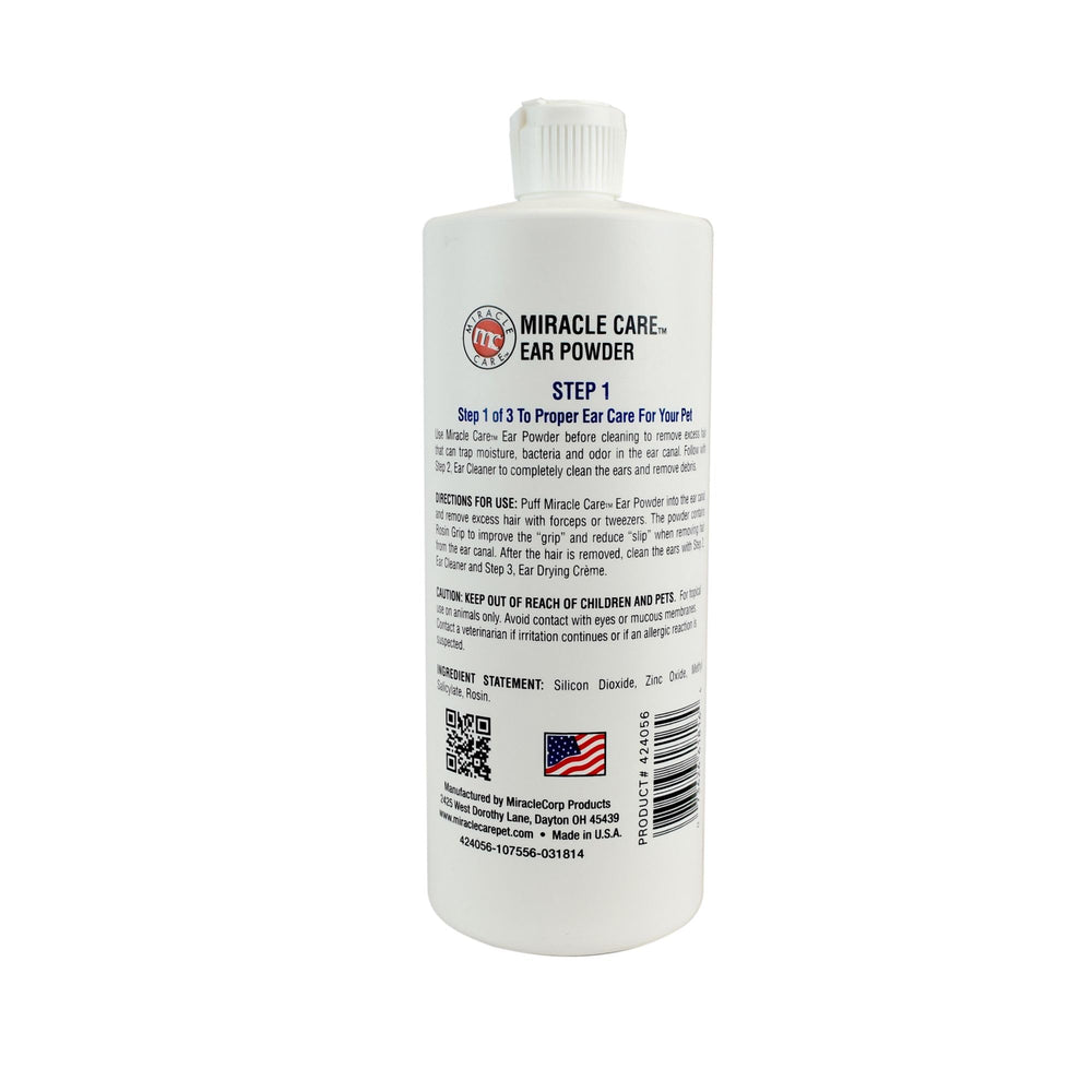 Miracle Care ear powder removes moisture to help dry ears after walks or baths.