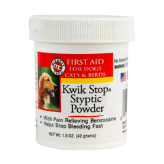 Miracle Care Kwik Stop powder jar ready to stop minor bleeding quickly during grooming