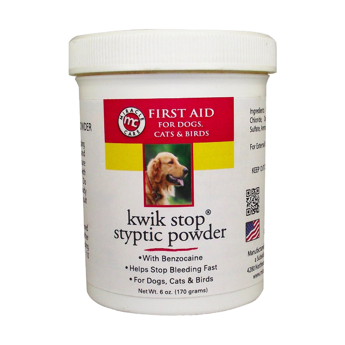 Miracle Care Kwik Stop powder tub front view showing the 6 oz container and powder ready for use.
