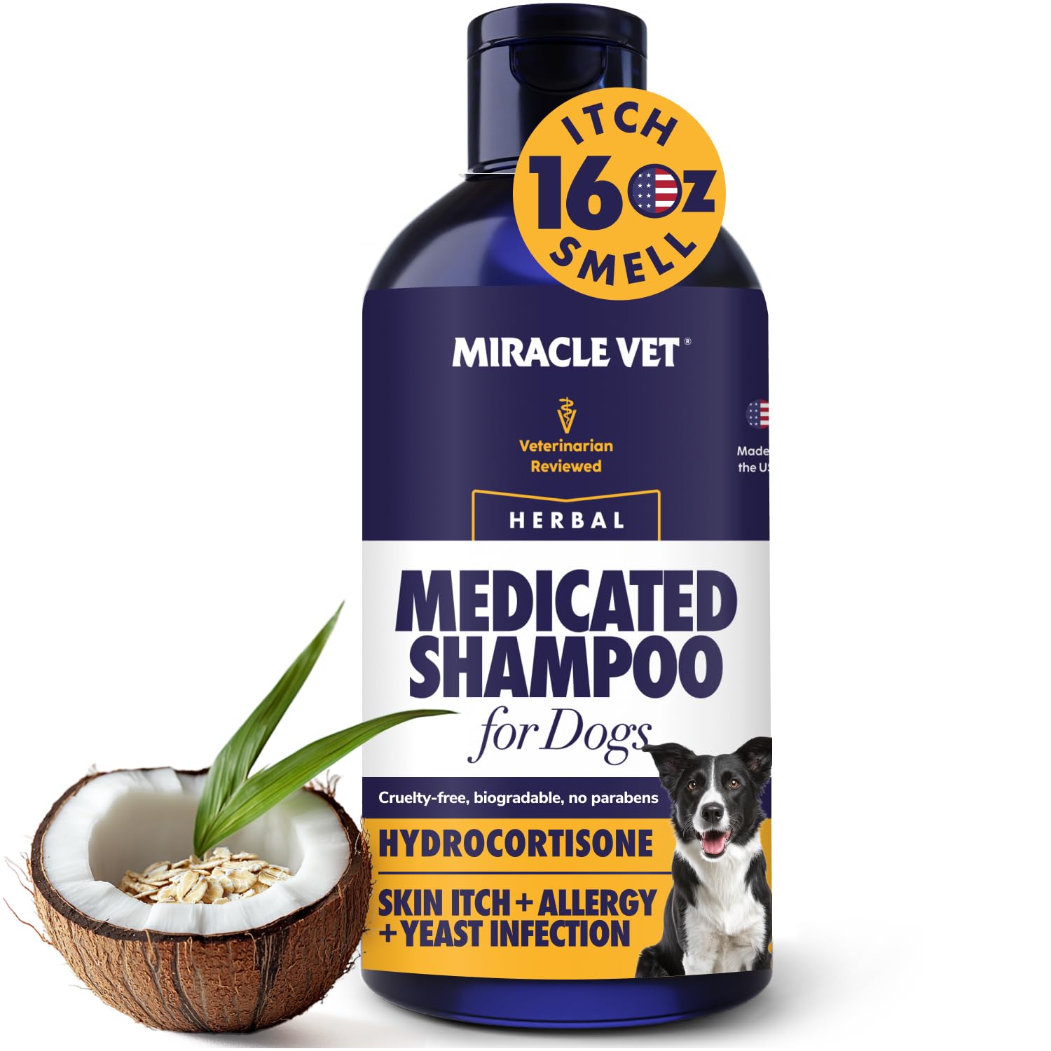 Miracle Vet medicated shampoo bottle pour for easy application and a refreshed coat