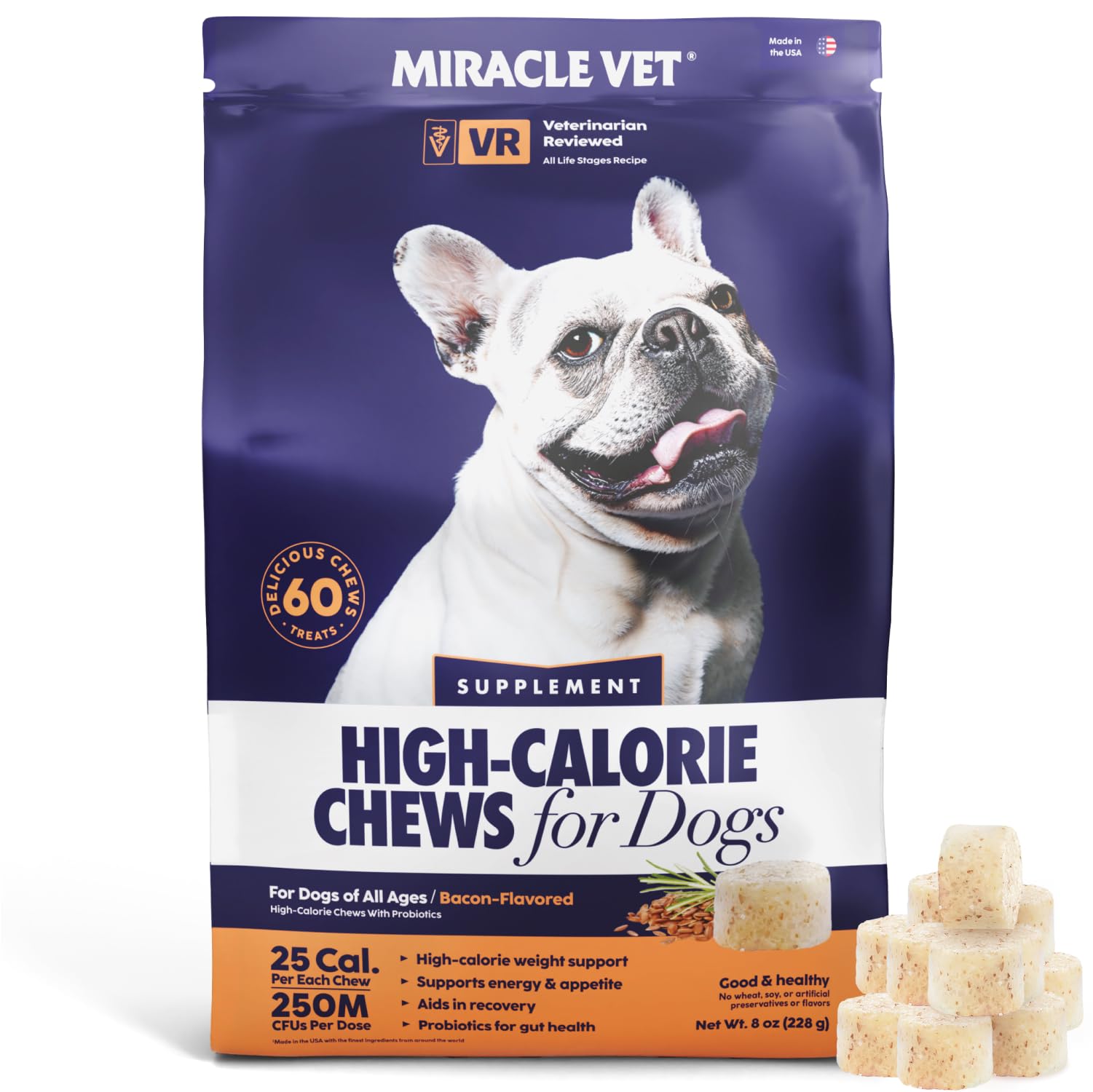 Miracle Vet weight gainer chews bottle front, high calorie energy booster for dogs.