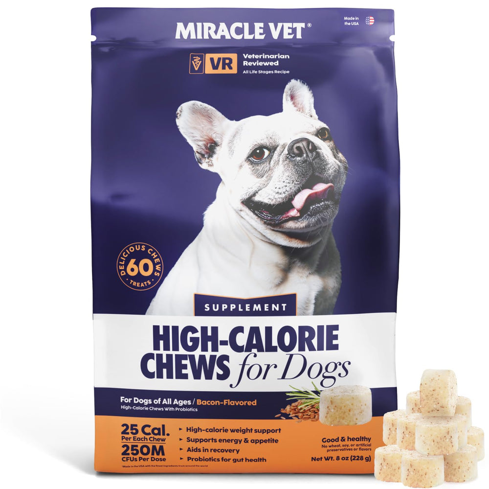 Miracle Vet weight gainer chews bottle front, high calorie energy booster for dogs.