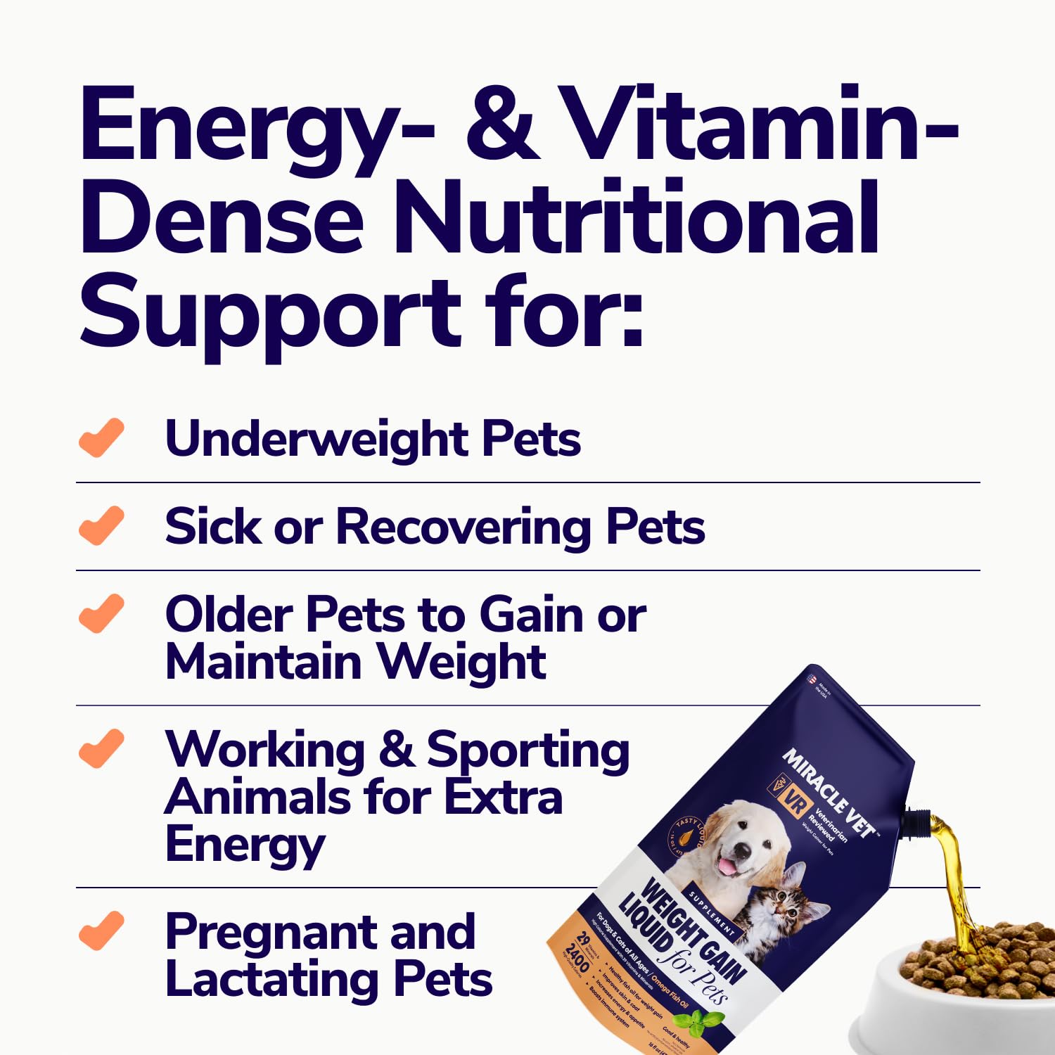  Close-up of Miracle Vet weight gainer tub highlighting natural ingredients and vet-approved formula.