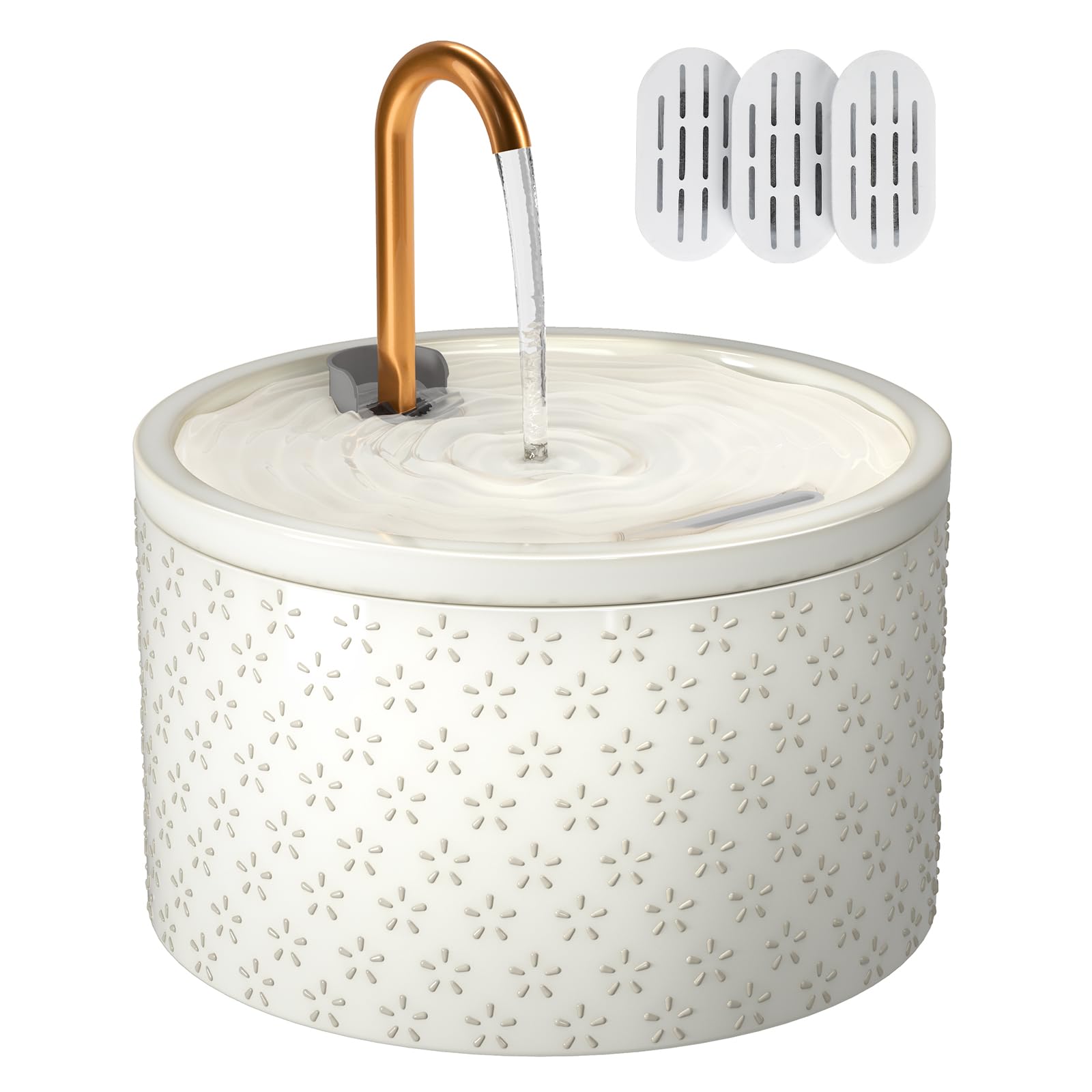 MISFANS ceramic fountain with firework embossing promotes stylish hydration for cats.