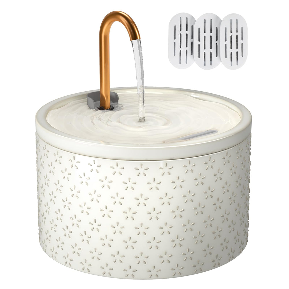 MISFANS ceramic fountain with firework embossing promotes stylish hydration for cats.