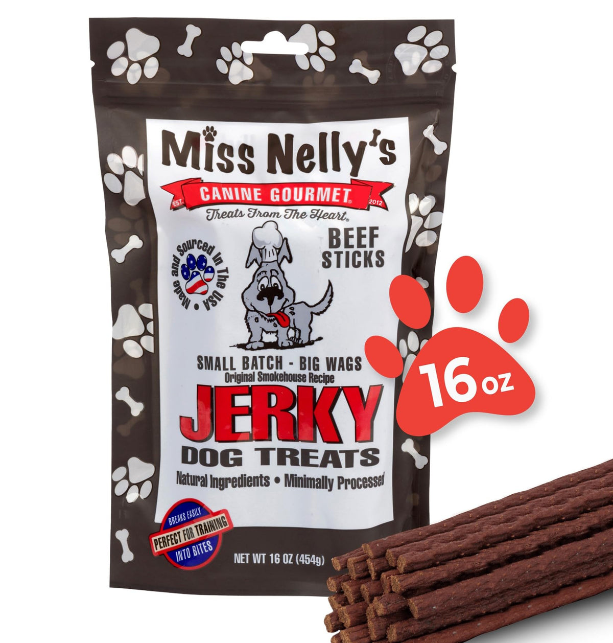 Miss Nelly's beef jerky packaging shows USA-made claim.