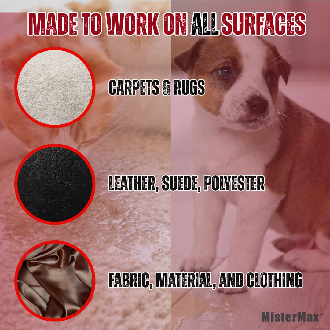 Mister Max Anti Icky Poo multi-surface use is safe on carpet, wood, and upholstery.