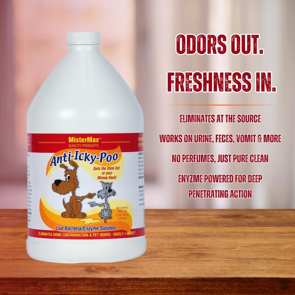 Mister Max Anti Icky Poo odor removal targets pet urine odors on carpet.