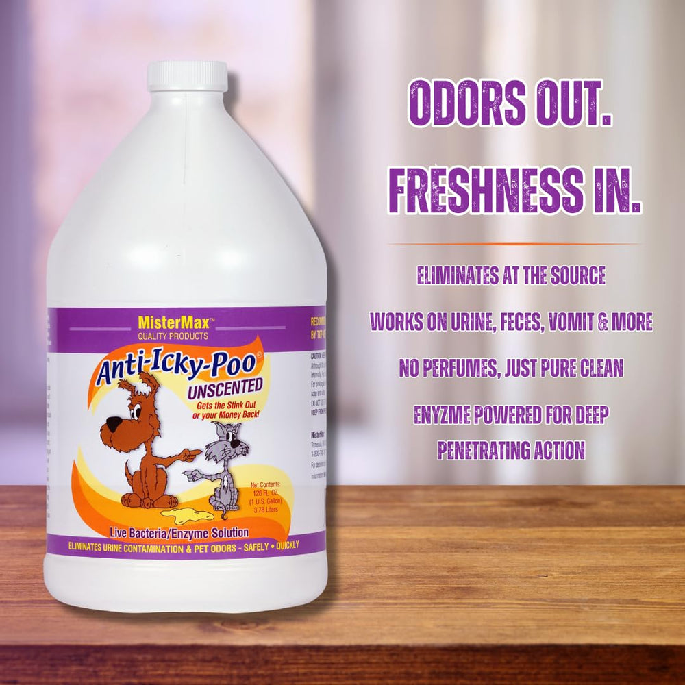 Mister Max Anti Icky Poo spray in action on a surface for odor control