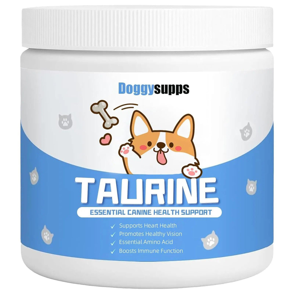 Mitrophics Doggy Supps Taurine powder container boosts daily energy and wellness.