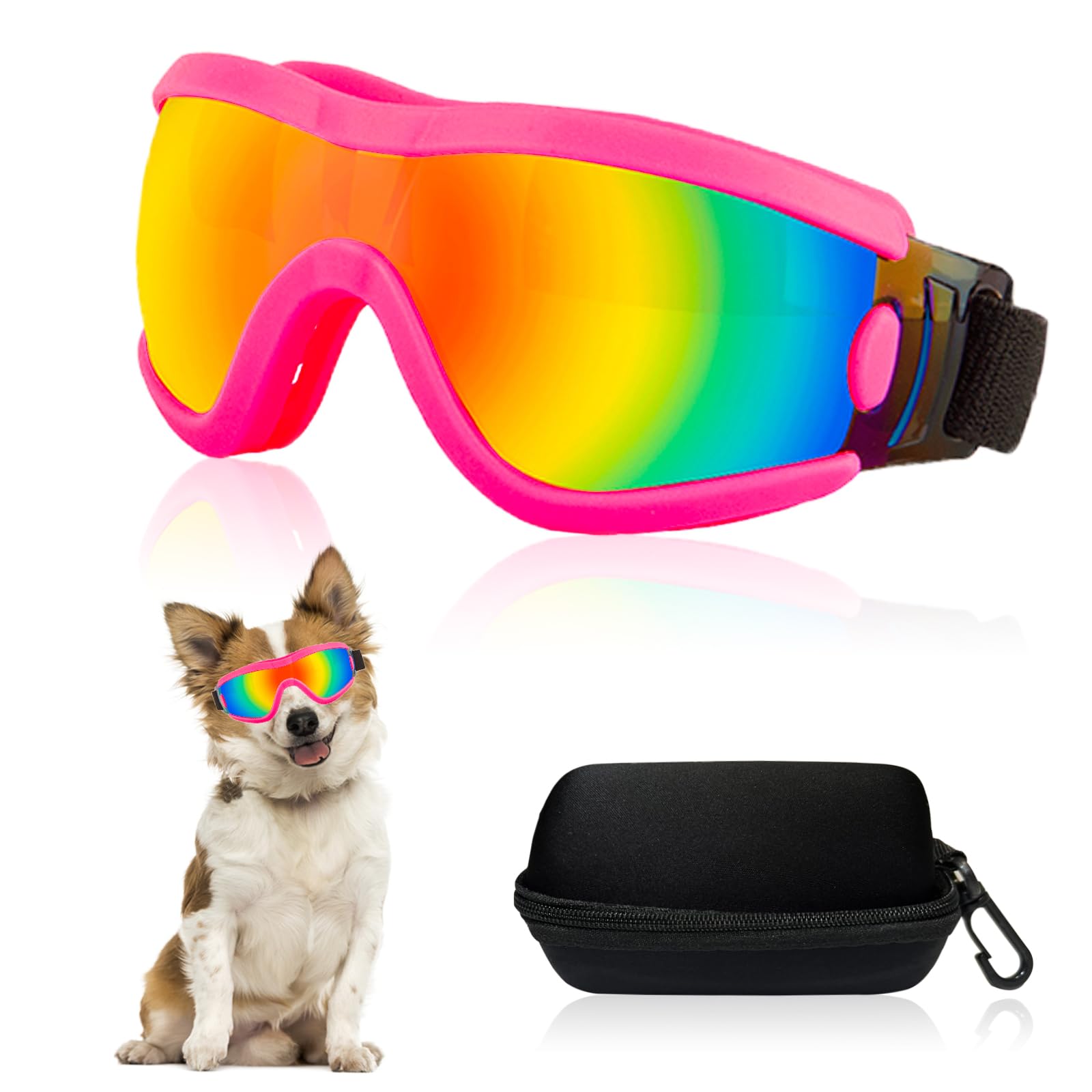 Mitubati dog goggles pink frame red lens offer UV protection for outdoor adventures.
