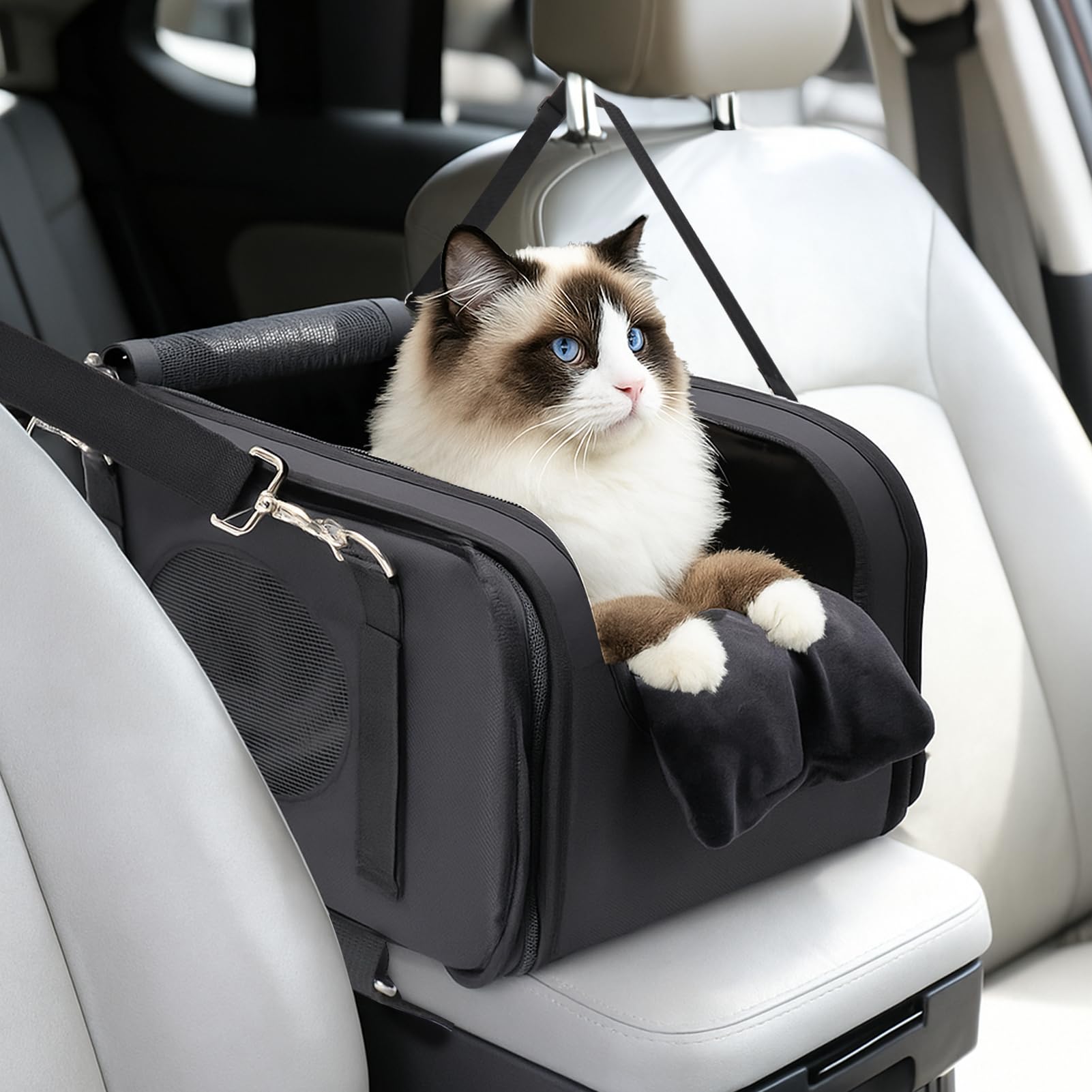 Mity Rain 3-in-1 cat car seat centered-console view boosts pet comfort on trips.