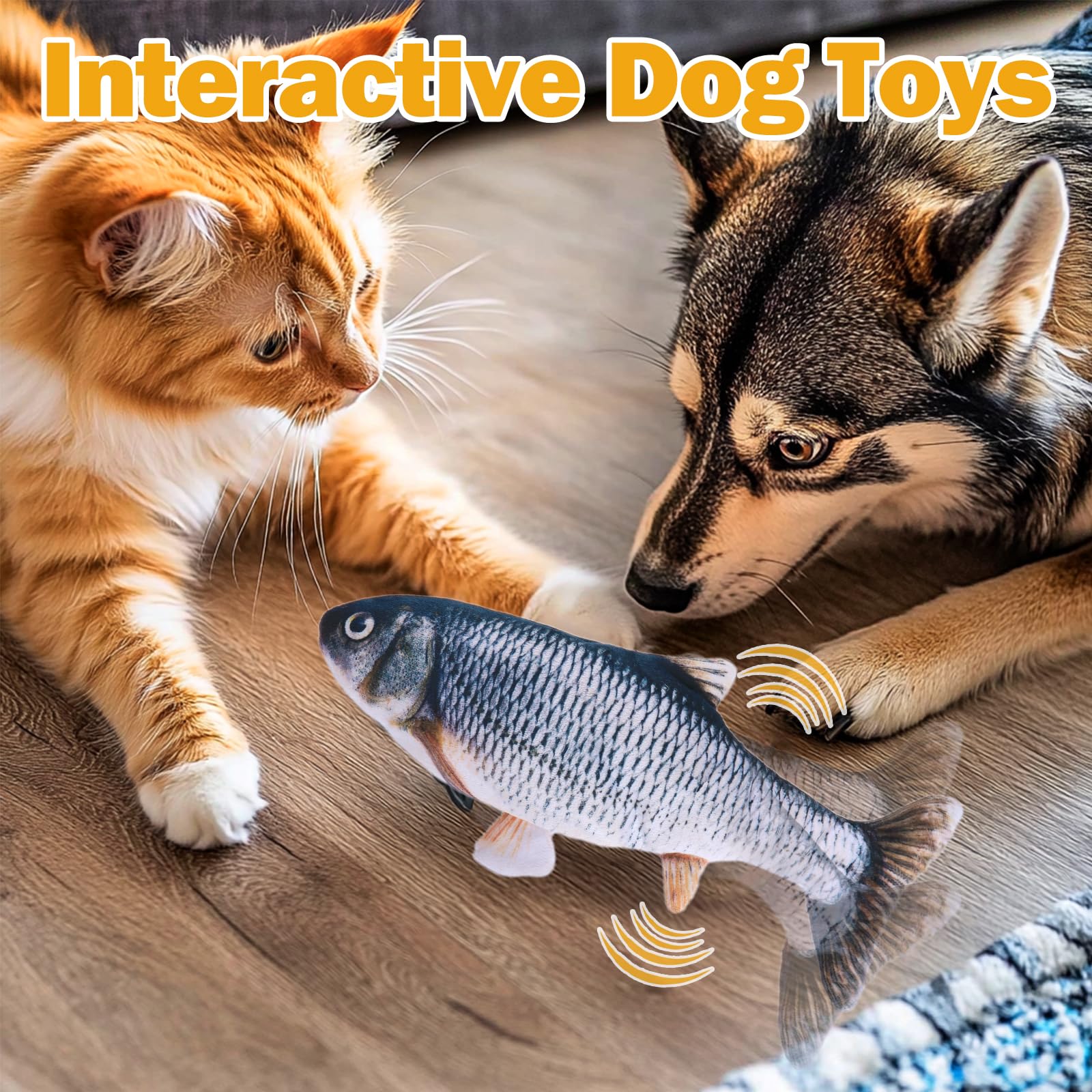 Mity rain floppy fish toy chirps on touch to reward interaction.
